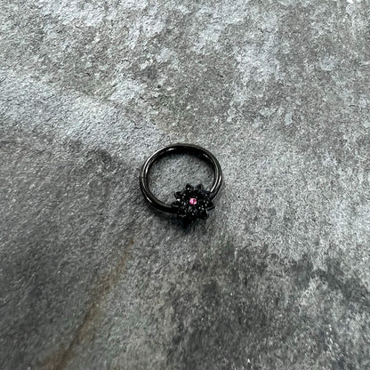 16G 3/8 Pink Gem Black Starry Flower Hinged Segment Ring