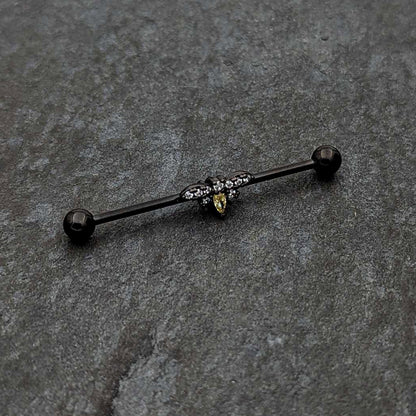14G Yellow Clear Gem Black Butterfly Industrial Barbell 38mm