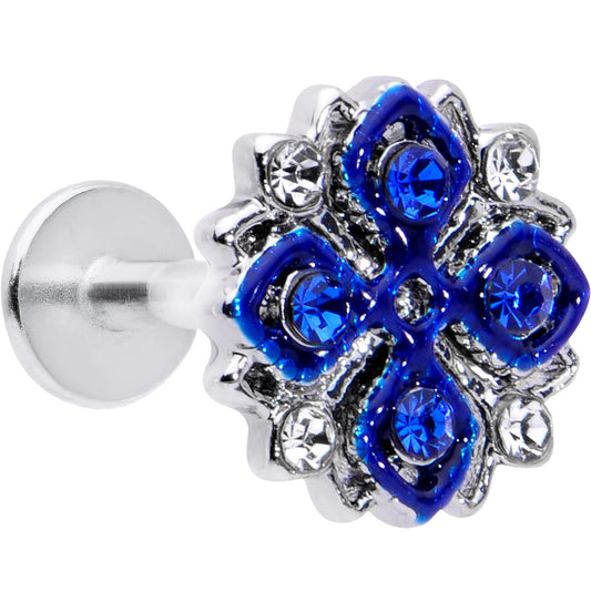 16G 1/4 Clear Blue Gem Embellished Cross Labret