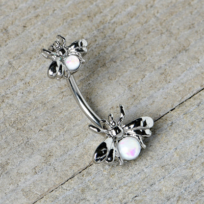 White Opalescent Bees Beautiful Insect Double Mount Belly Ring
