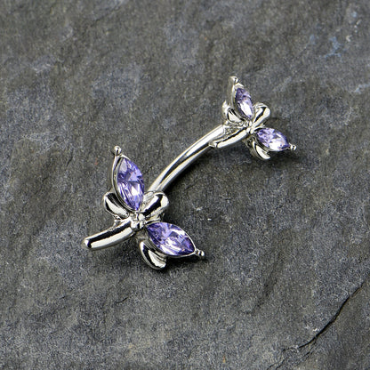 Purple Gem Simple Stylized Dragonfly Double Mount Belly Ring