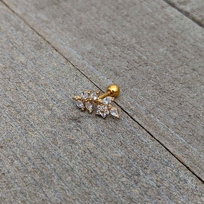 16G 1/4 Clear CZ Gem Gold Hue Flower Vine Cartilage Tragus Earring