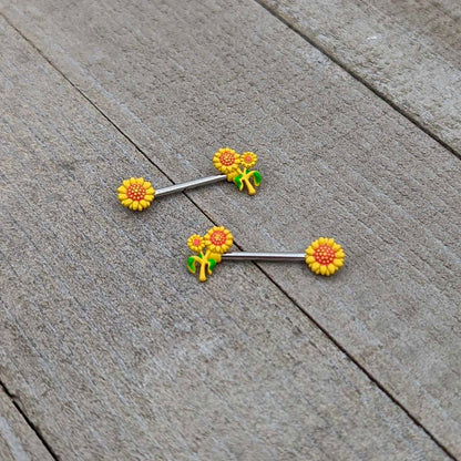 14G 9/16 Happy Yellow Sunflower Trio Barbell Nipple Ring Set