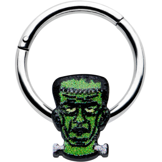 16G 3/8 Frankenstein Head Green Glow in Dark Hinged Segment Ring