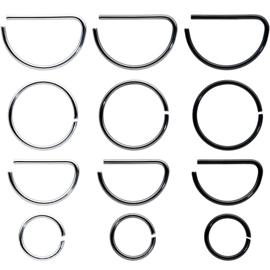 20G 12 Pack ASTM F-136 Implant Grade Titanium Nose Hoop D Shaped Septum Ring and Cartilage Ear Hoop Earring Set