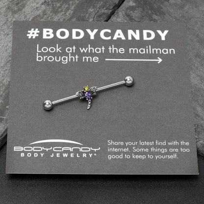 14G Purple Yellow Gem Dragonfly Industrial Barbell 38mm