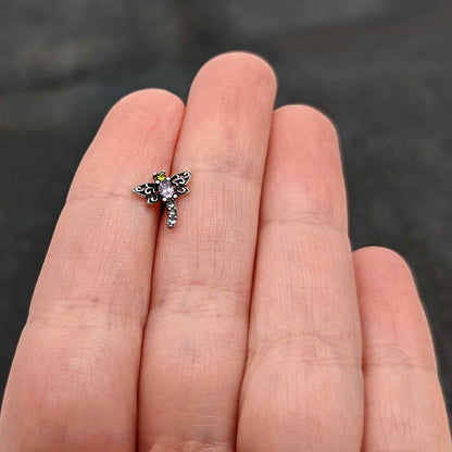 16G 1/4 Yellow Purple Gem Dragonfly Cartilage Tragus Earring