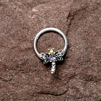 16G 3/8 Purple Yellow Gem Dragonfly Hinged Segment Ring