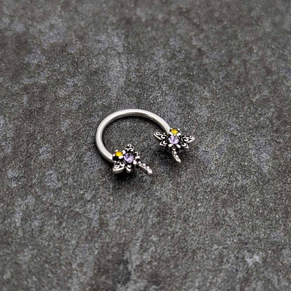 16G 3/8 Purple Yellow Gem Dragonfly Horseshoe Circular Barbell