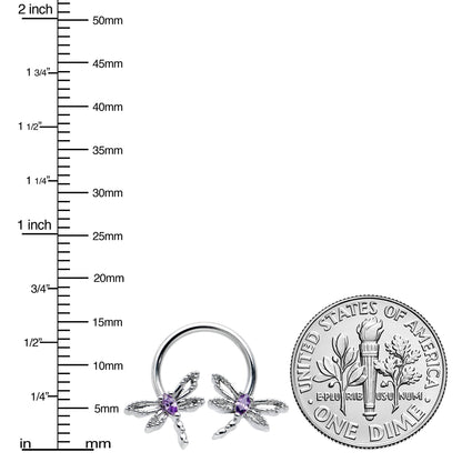 16G 3/8 Purple CZ Gem Open Dragonfly Horseshoe Circular Barbell