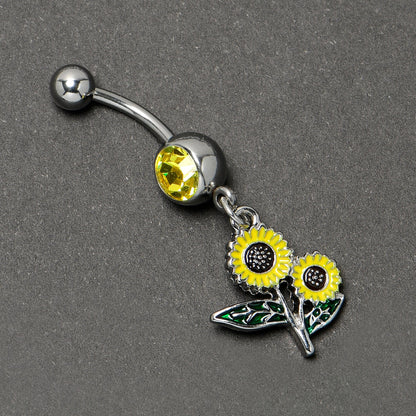 Yellow Gem Cheery Inlay Sunflowers Dangle Belly Ring