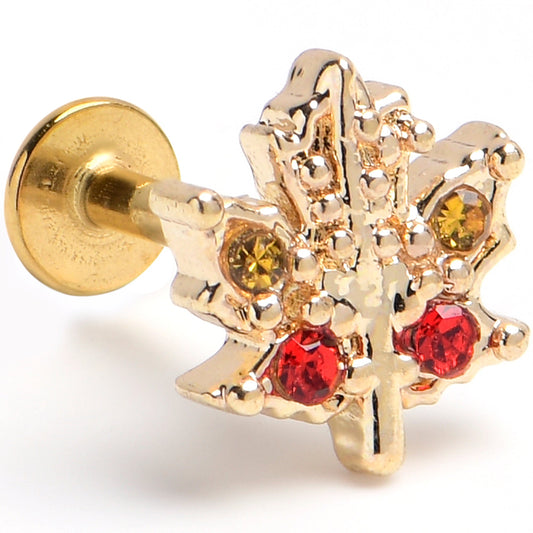 16G 1/4 Red Yellow Gem Gold Tone Maple Leaf Labret