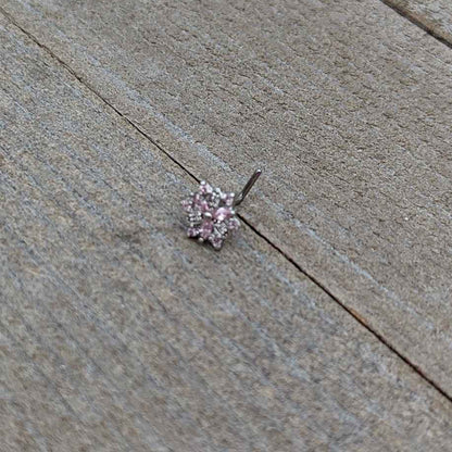 20G 7mm Pink Clear CZ Gem Snowflake L Shape Nose Ring