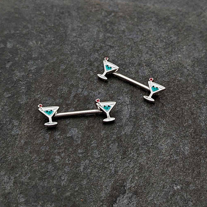 14G 9/16 Sweet Martini Glass Heart Barbell Nipple Ring Set