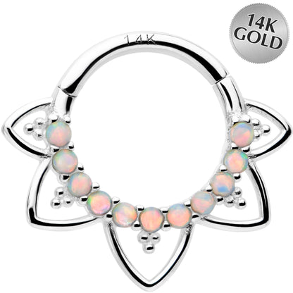 16G 5/16 White Synthetic Opal 14k White Gold Filigree Hinged Segment Ring