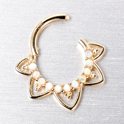 16G 5/16 White Synthetic Opal 14k Yellow Gold Filigree Hinged Segment Ring