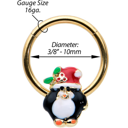 16G 3/8 Gold Tone Holly Hat Penguin Holiday Hinged Segment Ring