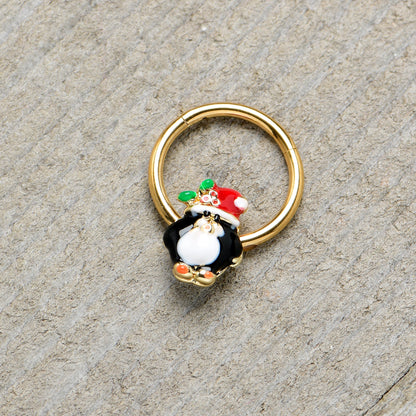16G 3/8 Gold Tone Holly Hat Penguin Holiday Hinged Segment Ring