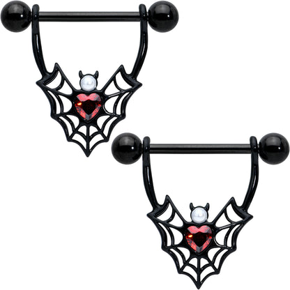 14G 11/16 Red Gem Black Gothic Bat Heart Nipple Shield Set