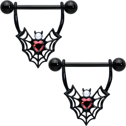 14G 11/16 Red Gem Black Gothic Bat Heart Nipple Shield Set