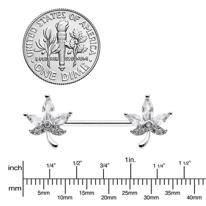 14G 3/4 Clear CZ Gem Pot Leaf Barbell Nipple Ring Set