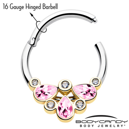 16G 3/8 Pink Gem Golden Crown Deluxe Hinged Segment Ring