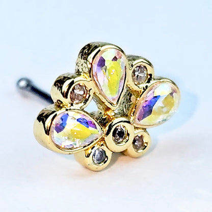 20G 1/4 Aurora Gem Golden Crown Deluxe Nose Bone
