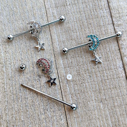 14G Clear CZ Gem Moon Dangle Star Industrial Barbell 38mm