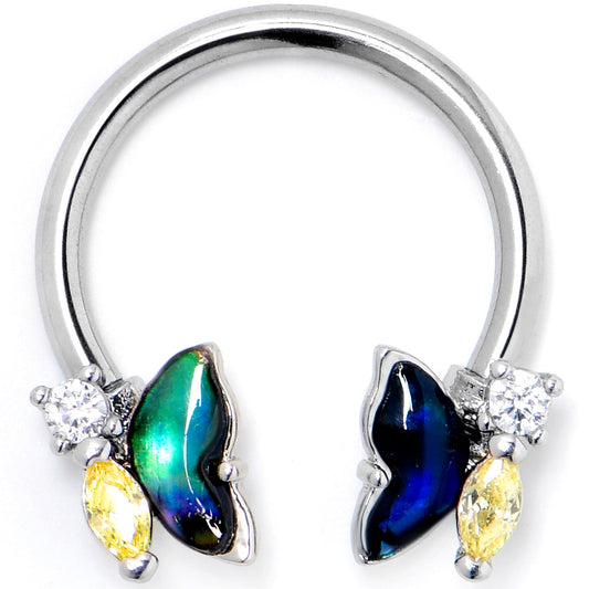 16G 3/8 Yellow Clear Gem Dark Butterfly Horseshoe Circular Barbell