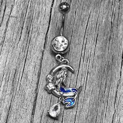 Clear Gem Floral Mermaid Moon Dangle Belly Ring