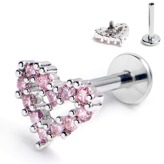 16G 5/16 Pink CZ Gem Open Heart Internally Threaded Labret Tragus