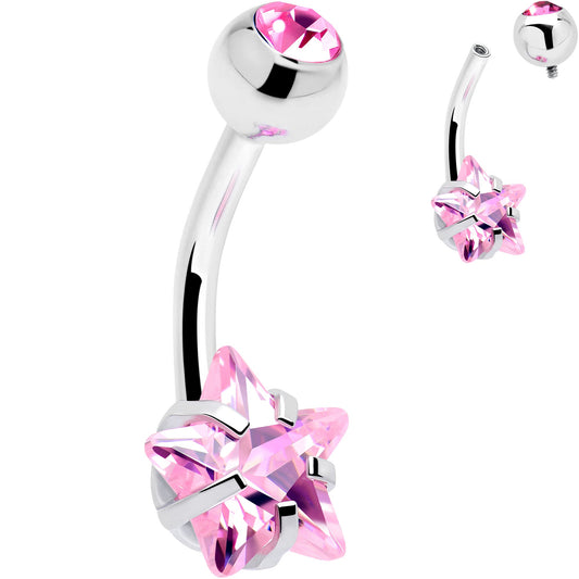 Pink CZ Gem Internally Threaded Simply Star Belly Ring