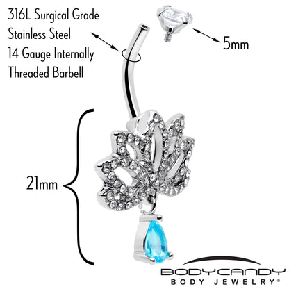 Clear Blue CZ Gem Fashion Flower Lotus Flower Dangle Belly Ring