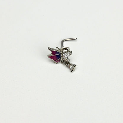 20G 7mm Clear Gem Purples Dazzling Butterfly L Shape Nose Ring