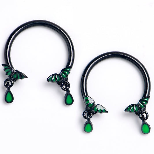 16G 3/8 Black Bat Wings Dangle Horseshoe Circular Barbell Set of2