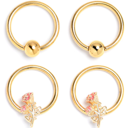 16G 3/8 Gold Tone Regal Rose BCR Captive Ring Set of 4