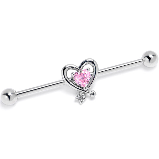 14G Pink CZ Gem Wrapped in Heart Industrial Barbell 38mm