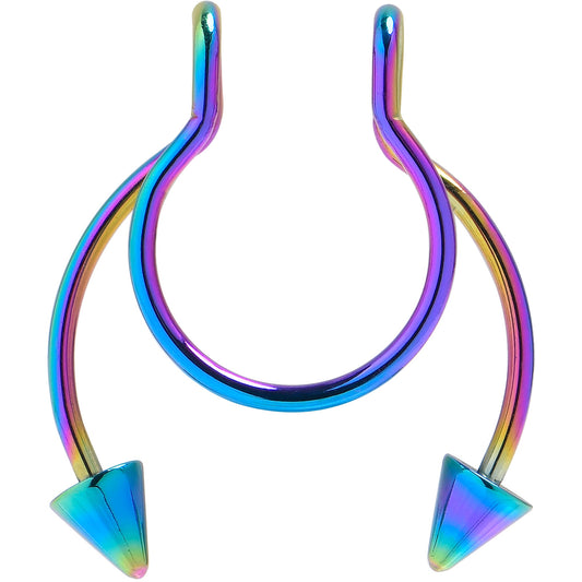 Rainbow Horseshoe Spike Fake Septum Ring Nipple and Clip on Earring