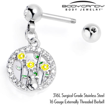 16G 1/4 Clear Gem Cat Yellow Flowers Dangle Cartilage Earring