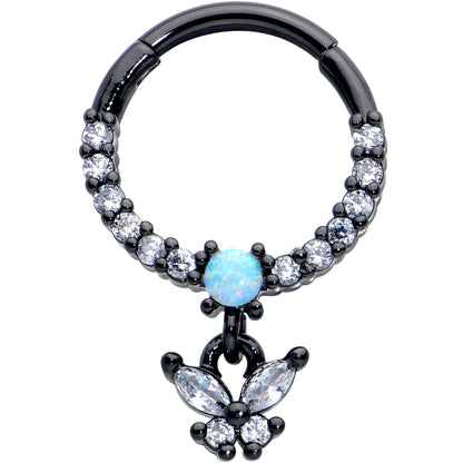 16G 3/8 Blue Synthetic Opal Black Butterfly Hinged Segment Ring
