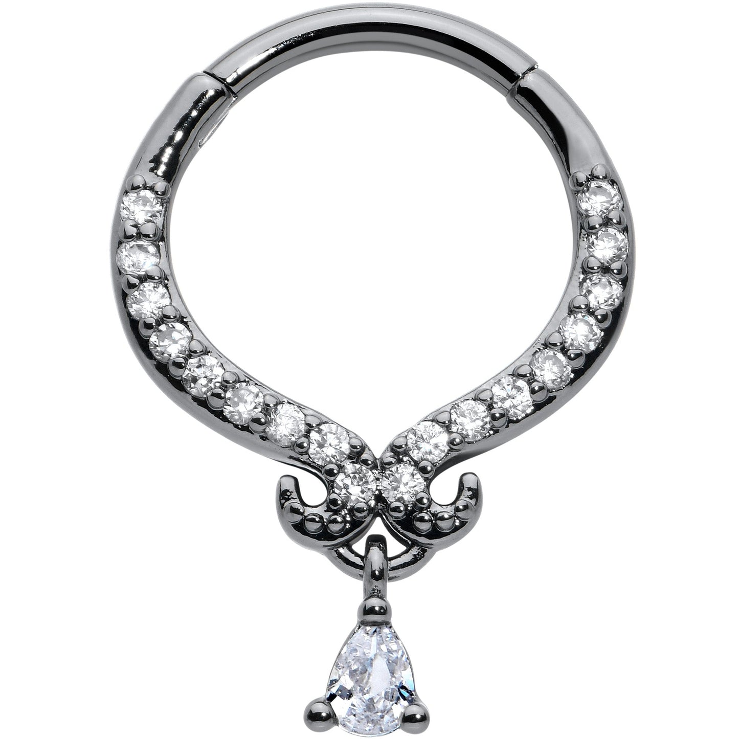 16G 3/8 Clear CZ Gem Black Elegant Curves Hinged Segment Ring