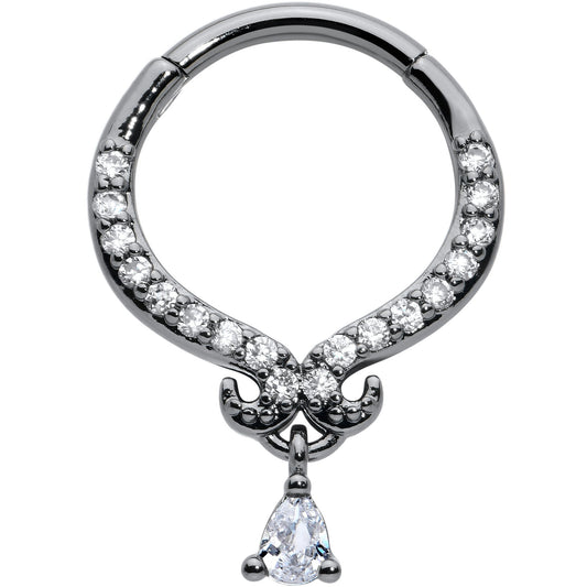 16G 3/8 Clear CZ Gem Black Elegant Curves Hinged Segment Ring