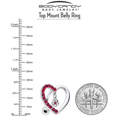 Red CZ Gem Asymmetrical Heart Flower Dangle Top Mount Belly Ring