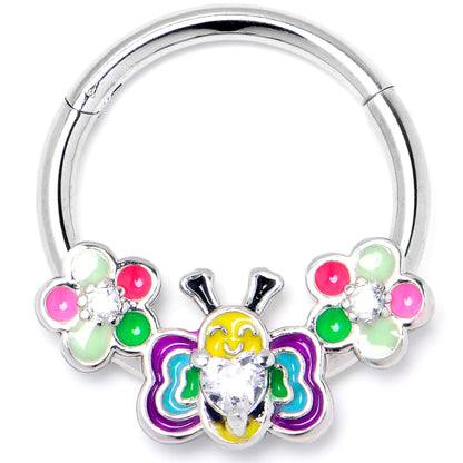 16G 3/8 Clear CZ Gem Butterfly Love Bug Hinged Segment Ring