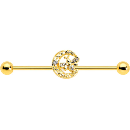 14G Clear Gem Gold Tone Lunar Dragonfly Industrial Barbell 38mm
