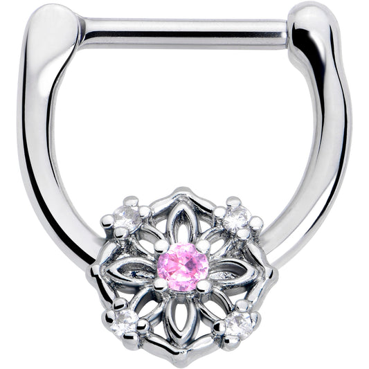 16G 5/16 Pink Clear CZ Gem Flower Circle Cartilage Clicker