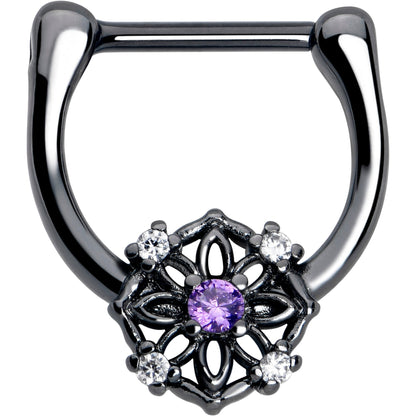 16G 5/16 Purple Clear CZ Gem Black Flower Ring Cartilage Clicker