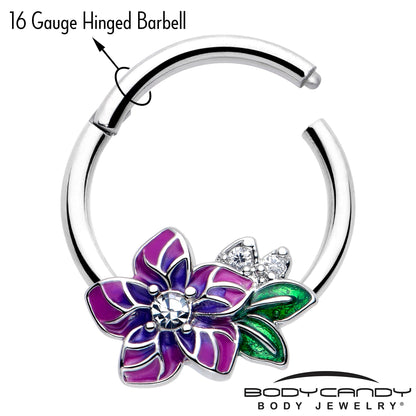 16G 3/8 Clear CZ Gem Flower Purple Hinged Segment Ring
