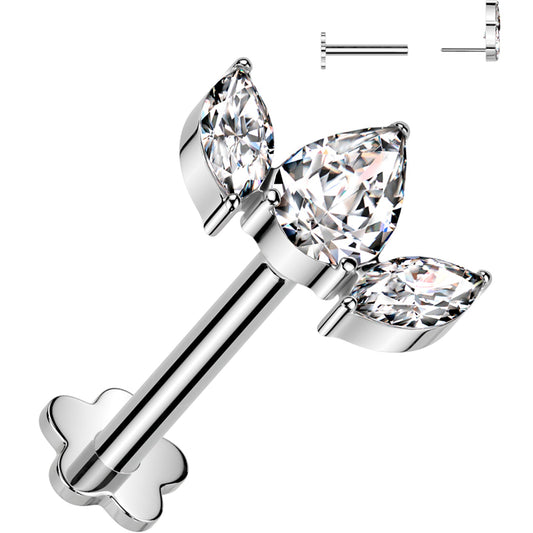 18G 5/16 Clear CZ Gem Oval Trio Medical Grade Titanium Reversible Flat Back Earring