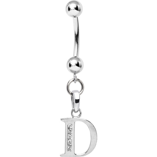 16G Solid 14k White Gold CZ Initial D Belly Ring